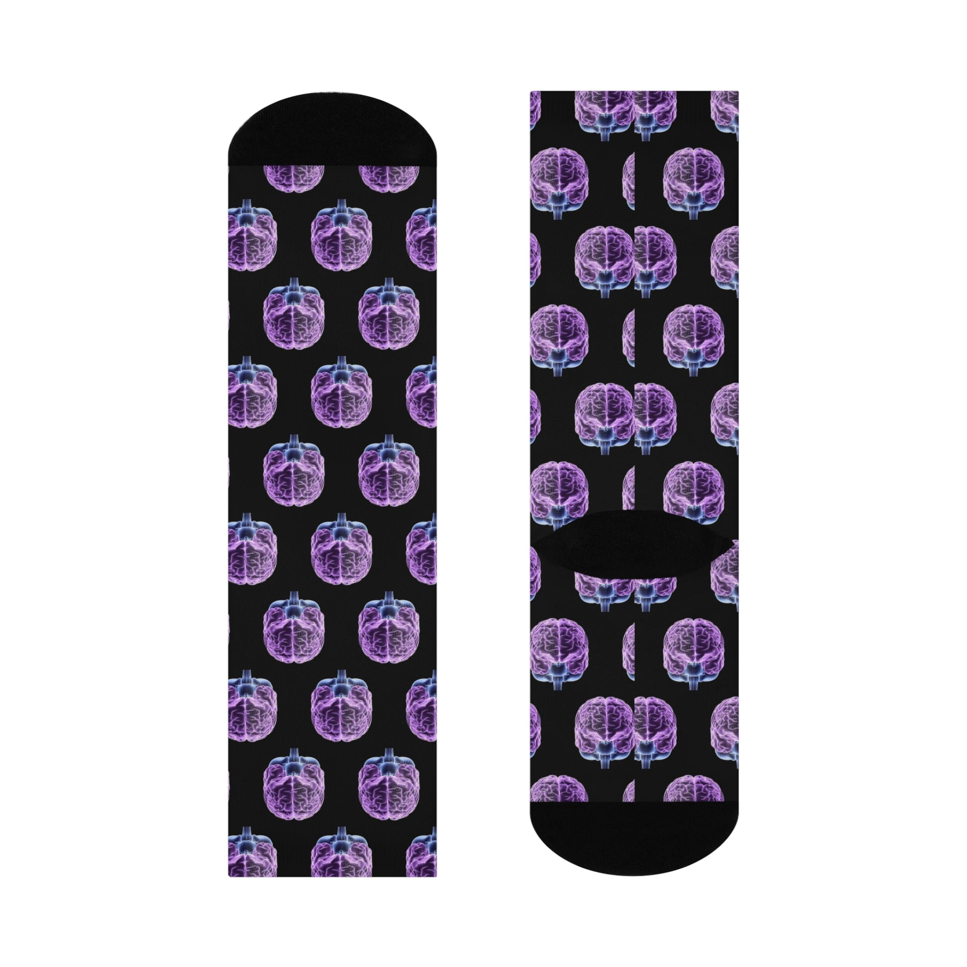 Black socks with purple brain pattern on a white background