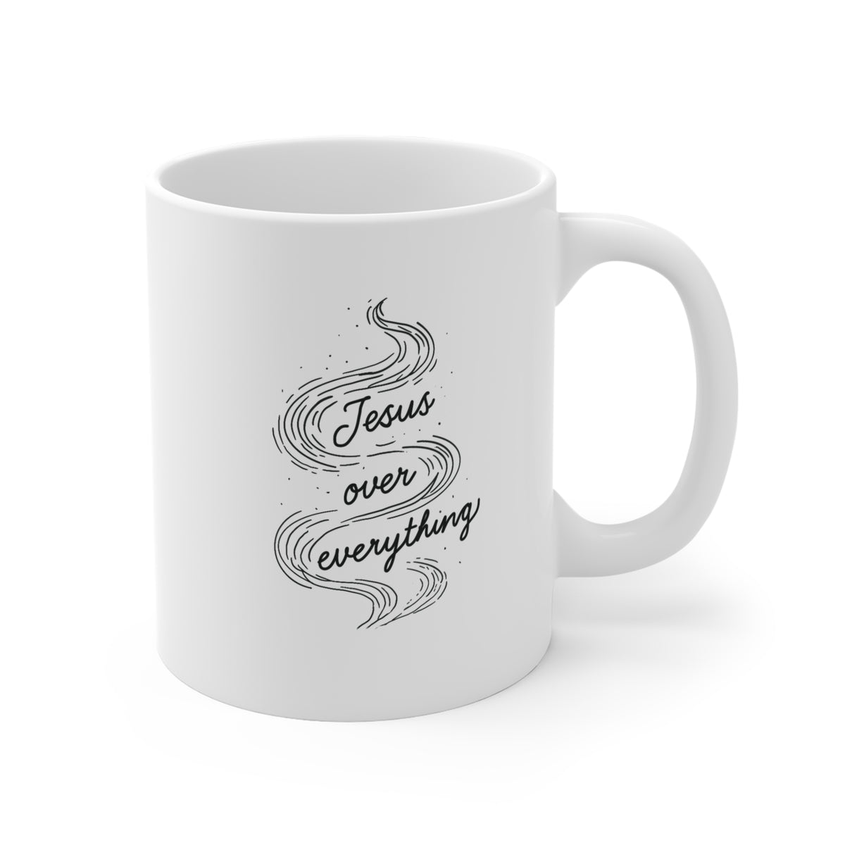 White Christian coffee mug featuring original hand-drawn Daily Cup of JOE artwork with a cross, Jesus Over Everything steam design, and Colossians 1:18.
