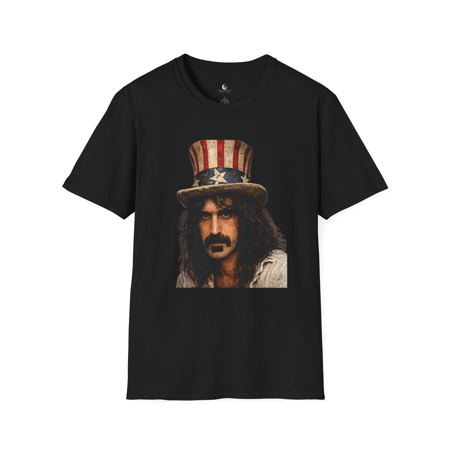 Black t-shirt with a graphic of a person wearing an American flag hat on a white background