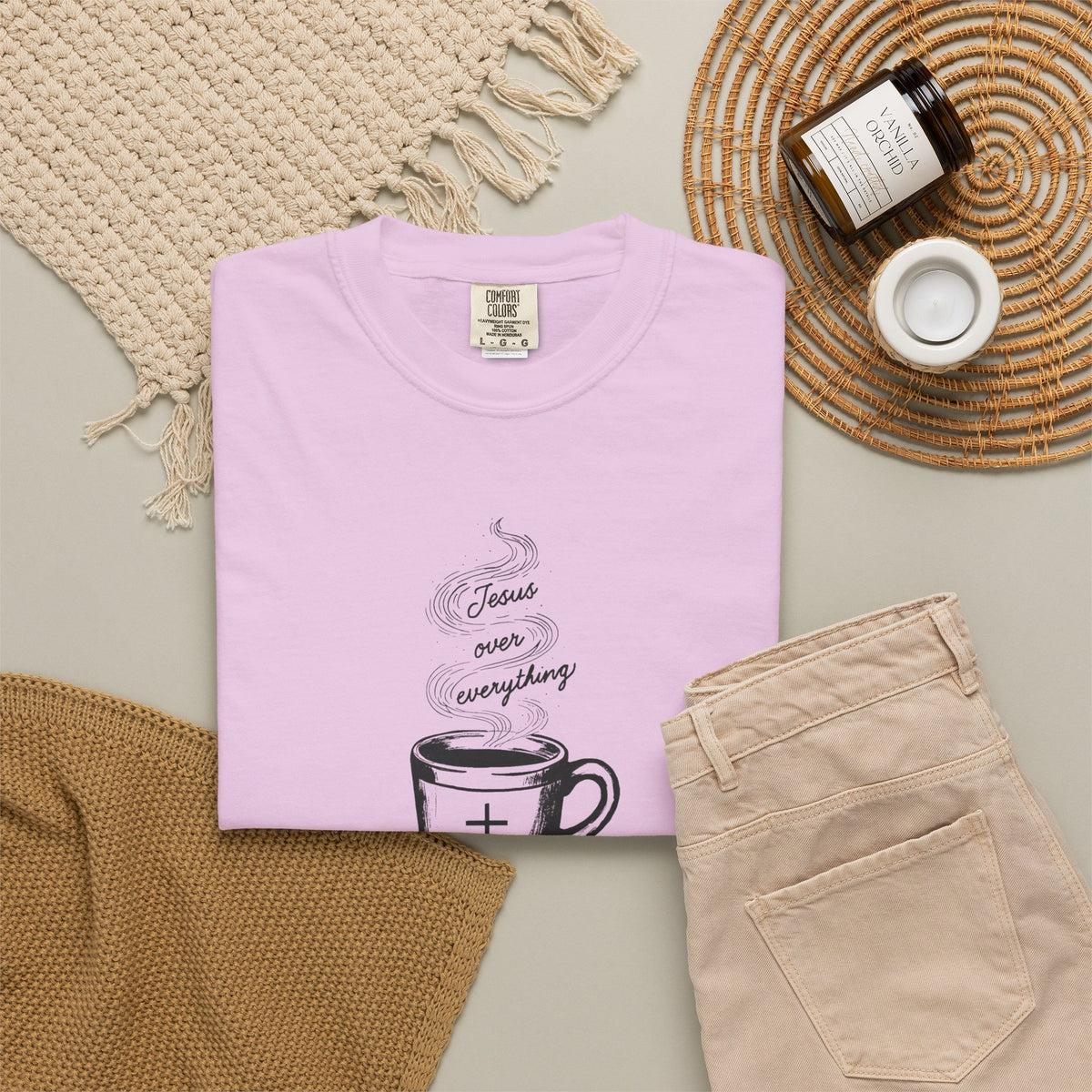 Light Purple Comfort Colors Christian T-shirt featuring original Daily Cup of JOE Jesus Over Everything coffee cup artwork inspired by Colossians 1:18.