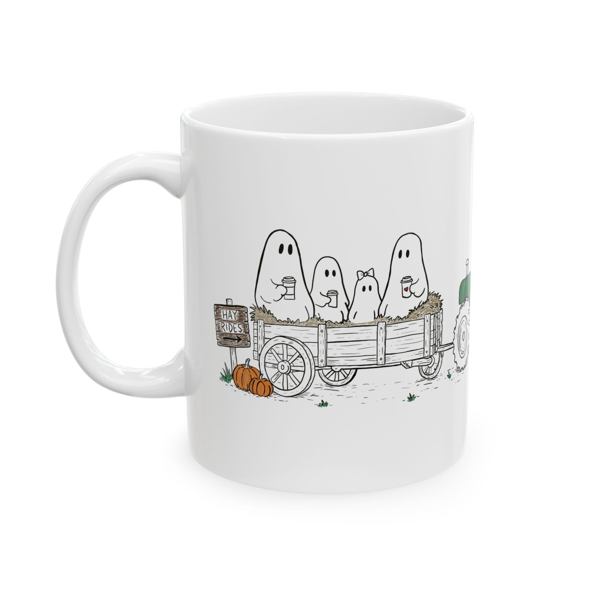 Ghost family riding in a hay wagon with pumpkins and coffee mugs, featured on a white ceramic coffee mug from The Story of the Ghost Chapter One: Hayrides fall collection by Market Mafia Creations.
