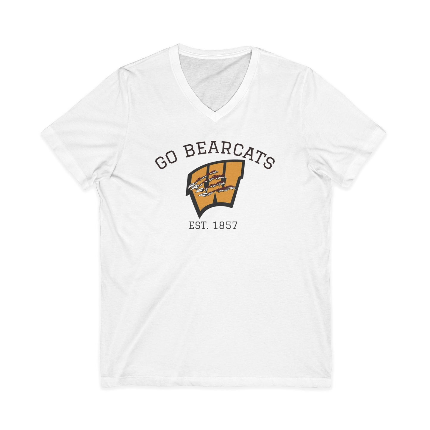 White t-shirt with 'Go Bearcats' and bearcat logo on a white background