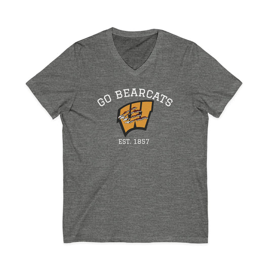 Custom Whitesboro Middle School Bearcats V-neck shirt featuring a gold clawed W logo with Go Bearcats lettering and a vintage athletic design.