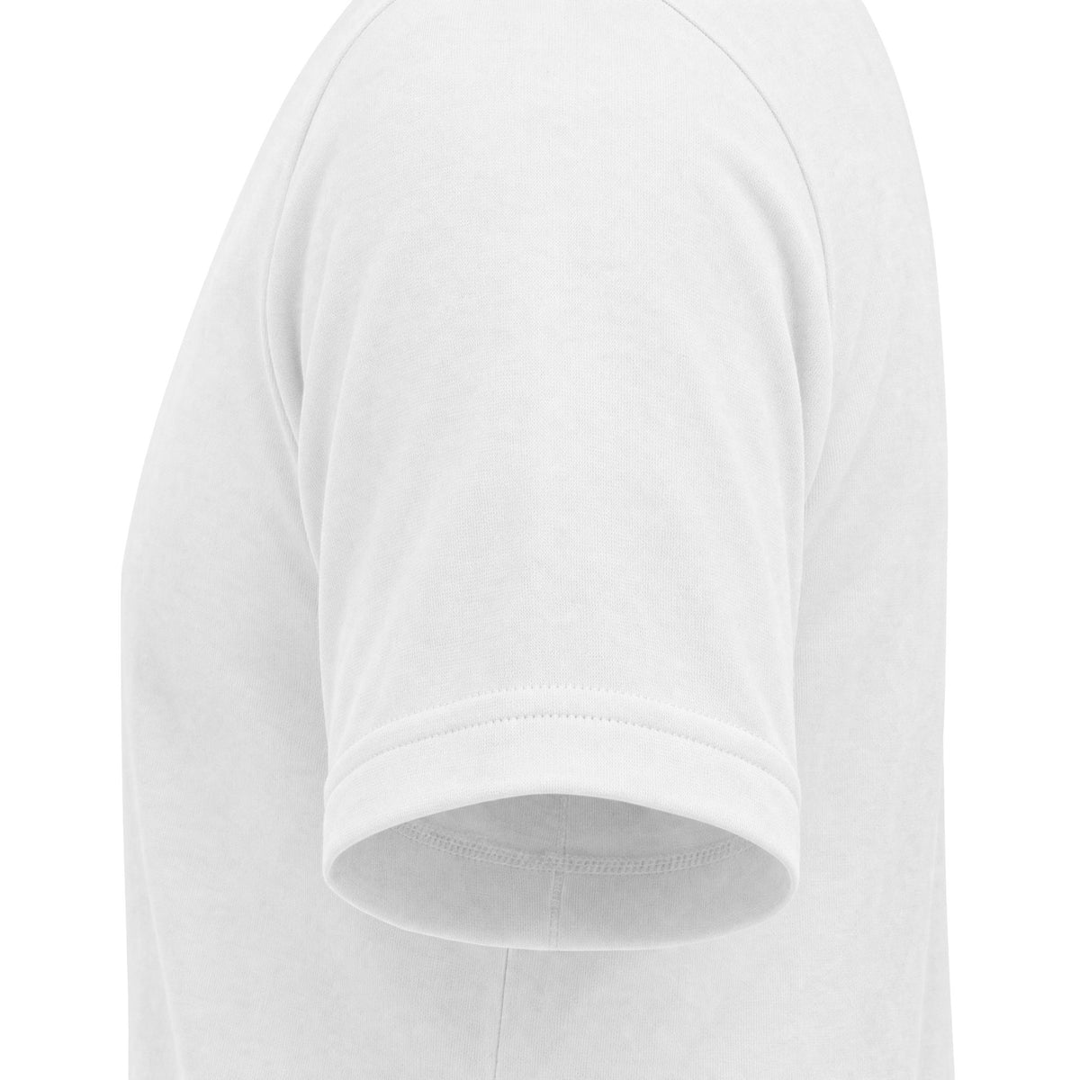 Close-up of a plain white short-sleeve t-shirt showing the shoulder seam and ribbed sleeve cuff on a white background.