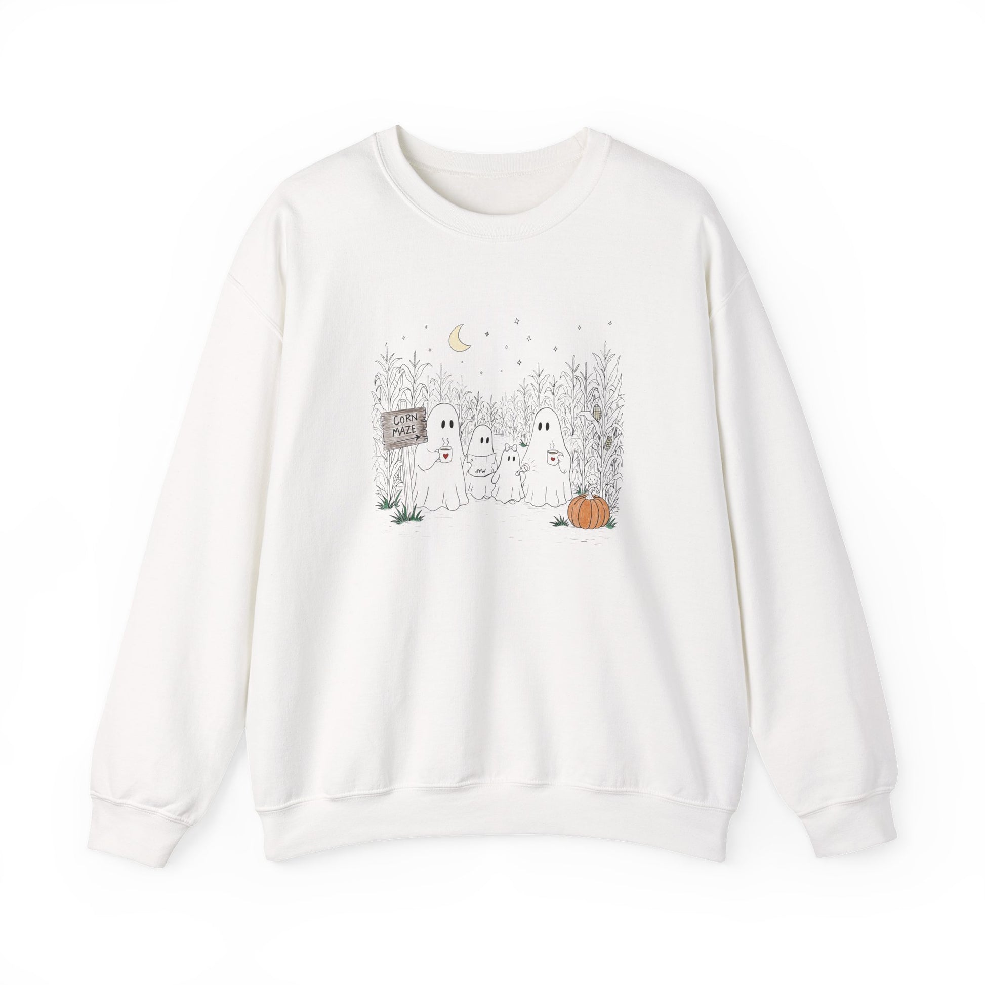 Crewneck sweatshirt featuring a hand-drawn ghost family walking through a moonlit corn maze with warm drinks, tall corn stalks, and a pumpkin from The Story of the Ghost Chapter 2 collection.