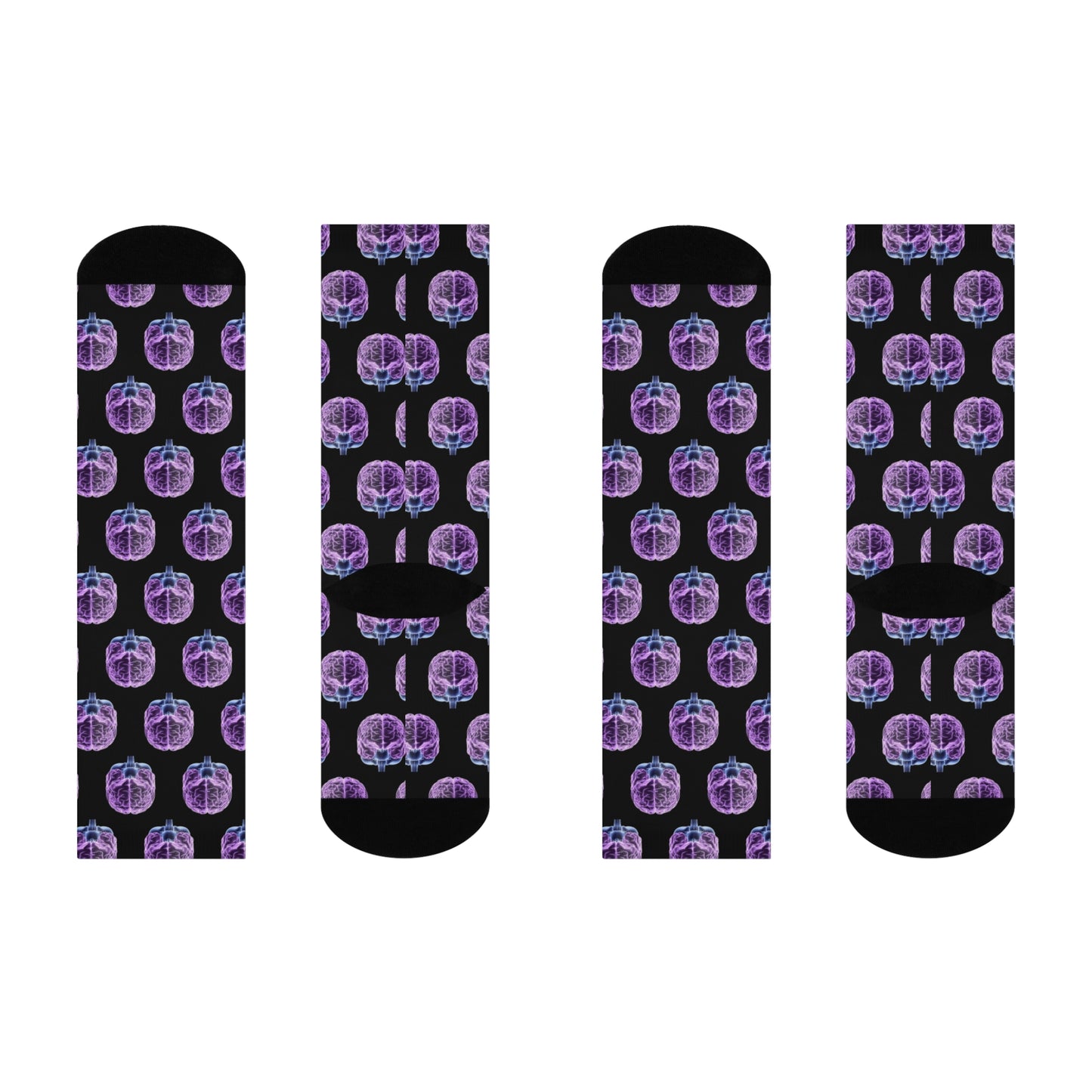 Four black socks with purple brain pattern on a white background