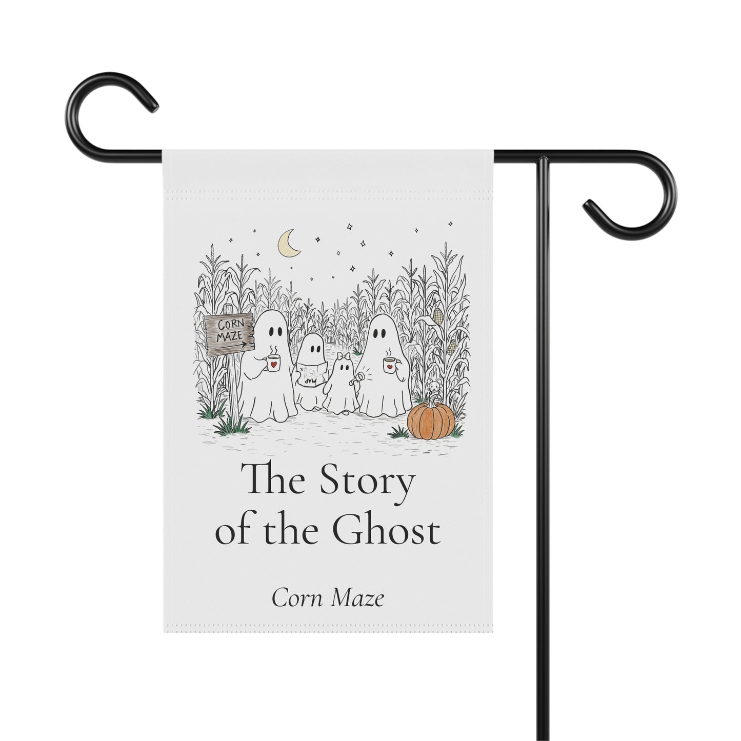 Outdoor garden banner featuring a hand-drawn ghost family walking through a moonlit corn maze with warm drinks, tall corn stalks, and a pumpkin from The Story of the Ghost Chapter 2 collection.
