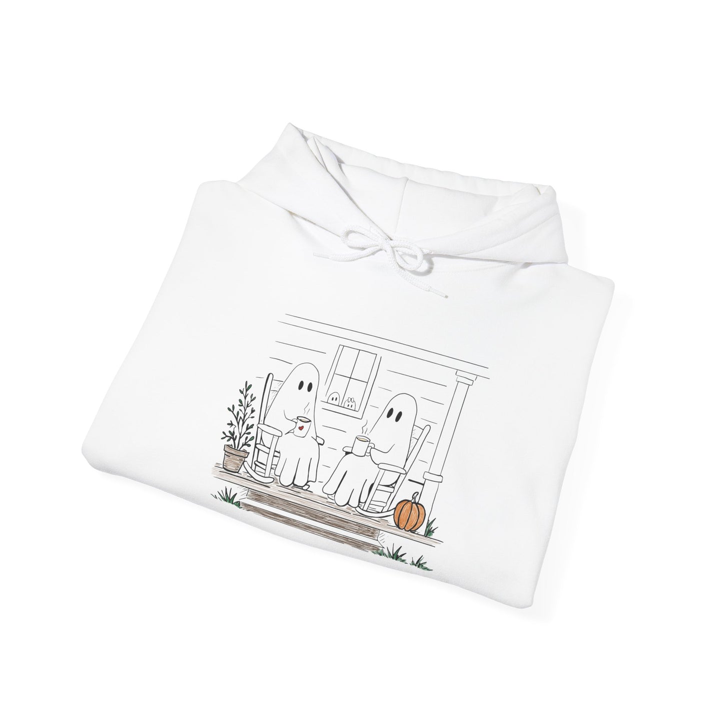 Pullover hoodie featuring a hand-drawn ghost family enjoying coffee in rocking chairs on a front porch, with two little ghosts peeking through the window, a pumpkin, and subtle fall color accents.