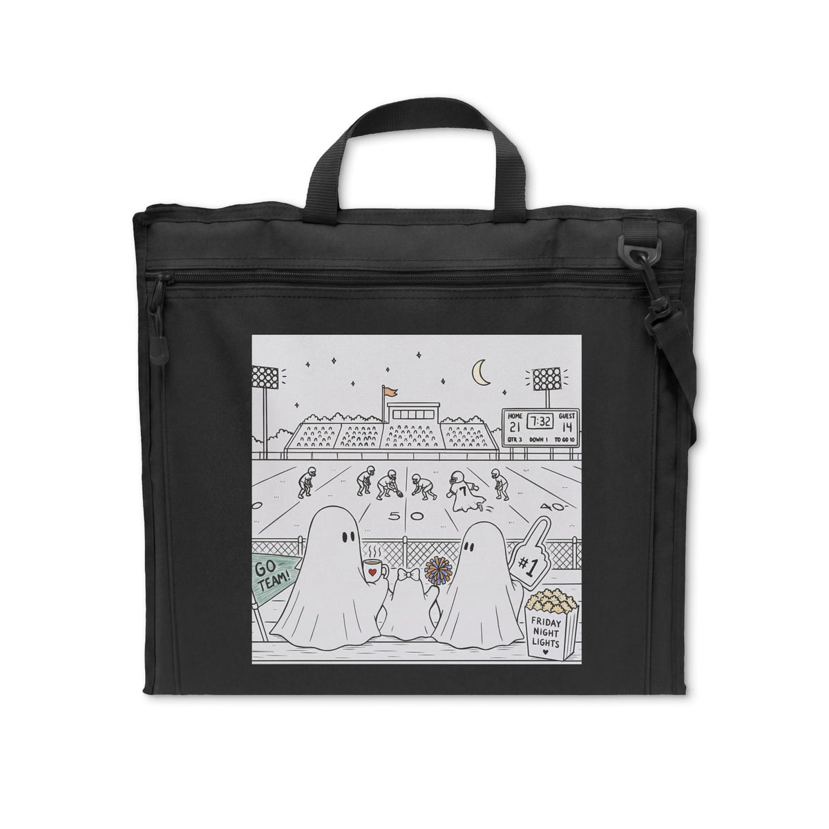 Portable black padded folding stadium seat featuring original Friday Night Lights ghost family football artwork from Chapter 5 of The Story of the Ghost by Market Mafia Creations.
