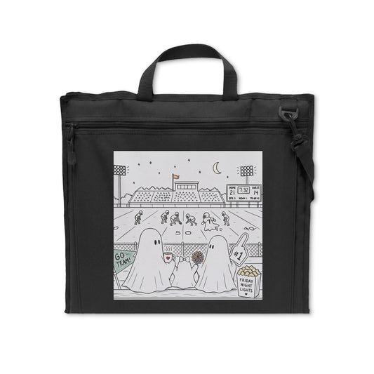 Portable black padded folding stadium seat featuring original Friday Night Lights ghost family football artwork from Chapter 5 of The Story of the Ghost by Market Mafia Creations.