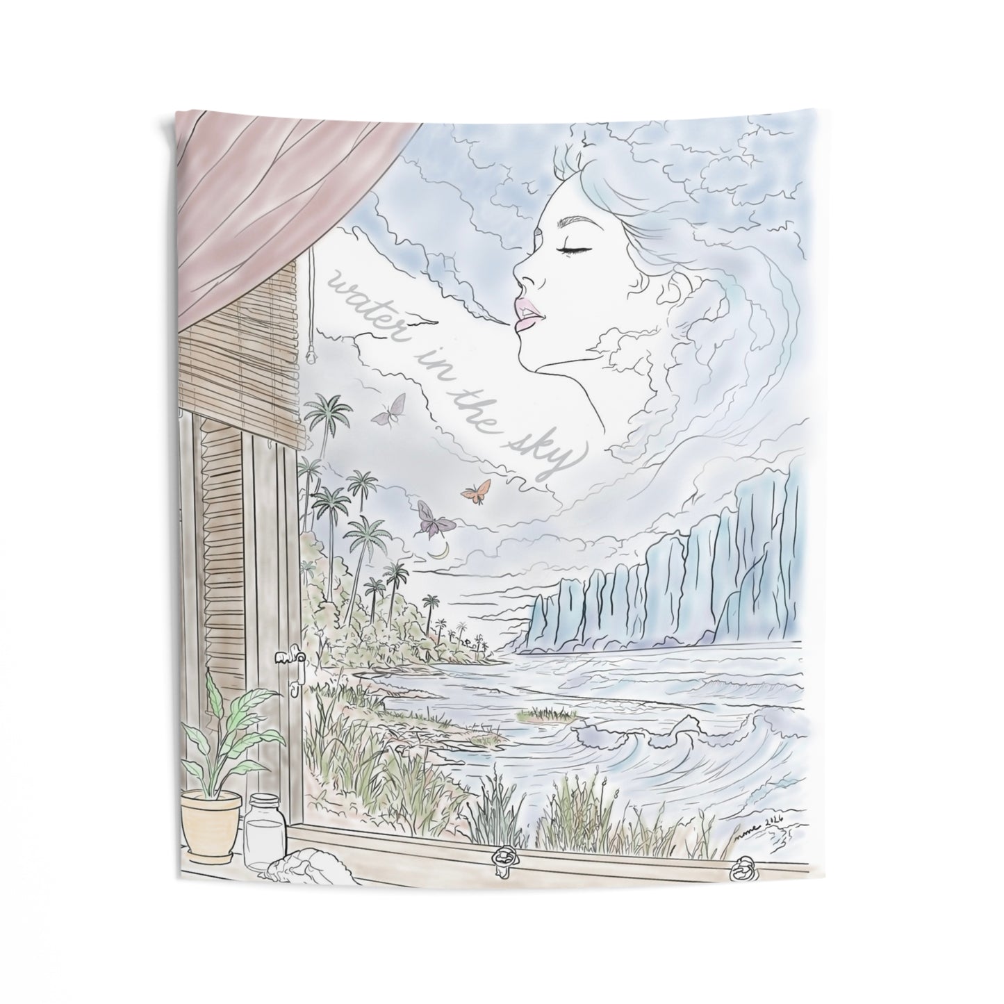 Water in the Sky wall tapestry featuring an original pastel ocean landscape with palm trees, cliffs, and a woman’s face formed from clouds.