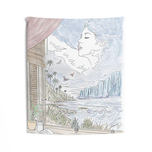 Water in the Sky wall tapestry featuring an original pastel ocean landscape with palm trees, cliffs, and a woman’s face formed from clouds.