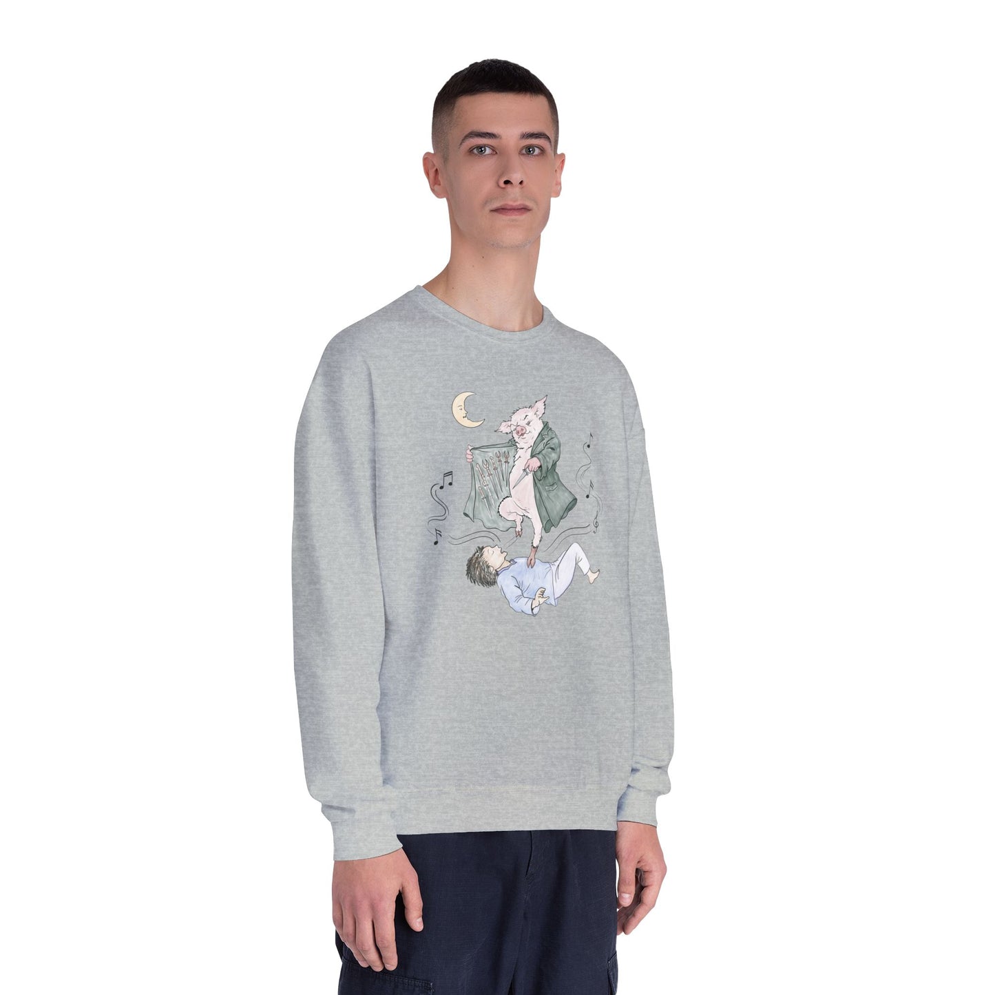 Crewneck sweatshirt featuring original hand-drawn Guyute-inspired artwork with a surreal pig, moon, musical mist, and muted storybook colors.