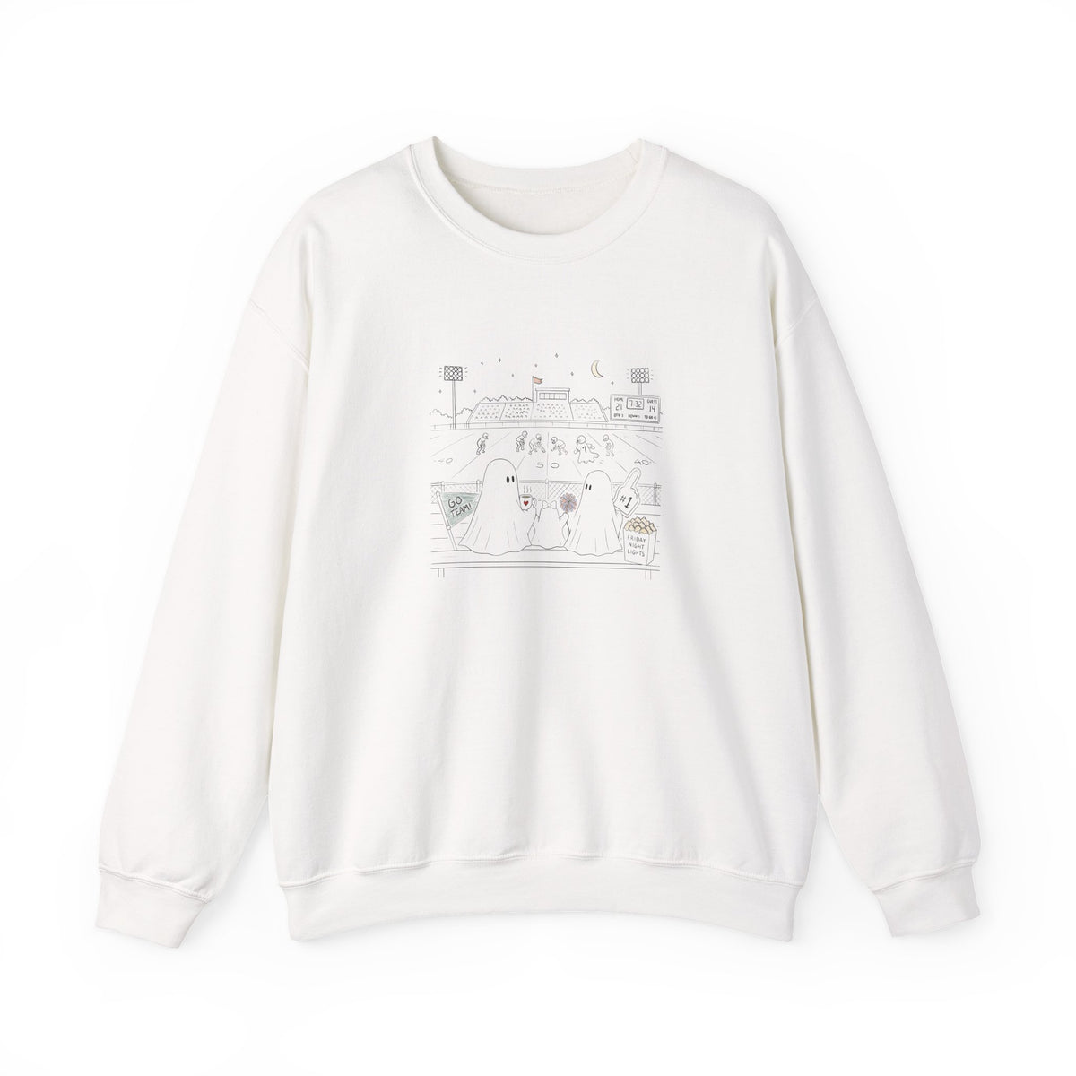 White crewneck sweatshirt featuring original cute ghost family football artwork from Friday Night Lights, Chapter 5 of The Story of the Ghost by Market Mafia Creations.