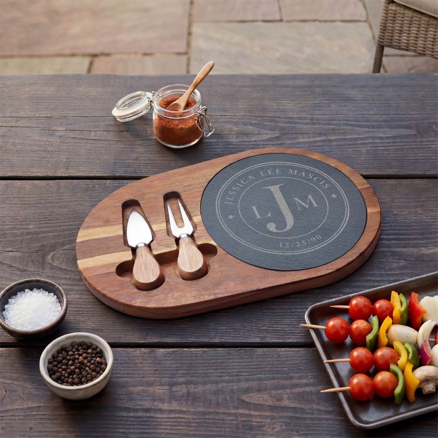 Personalized Charcuterie Board Gift | Engraved Cheese Board with Serving Tools | Custom Family Name Board