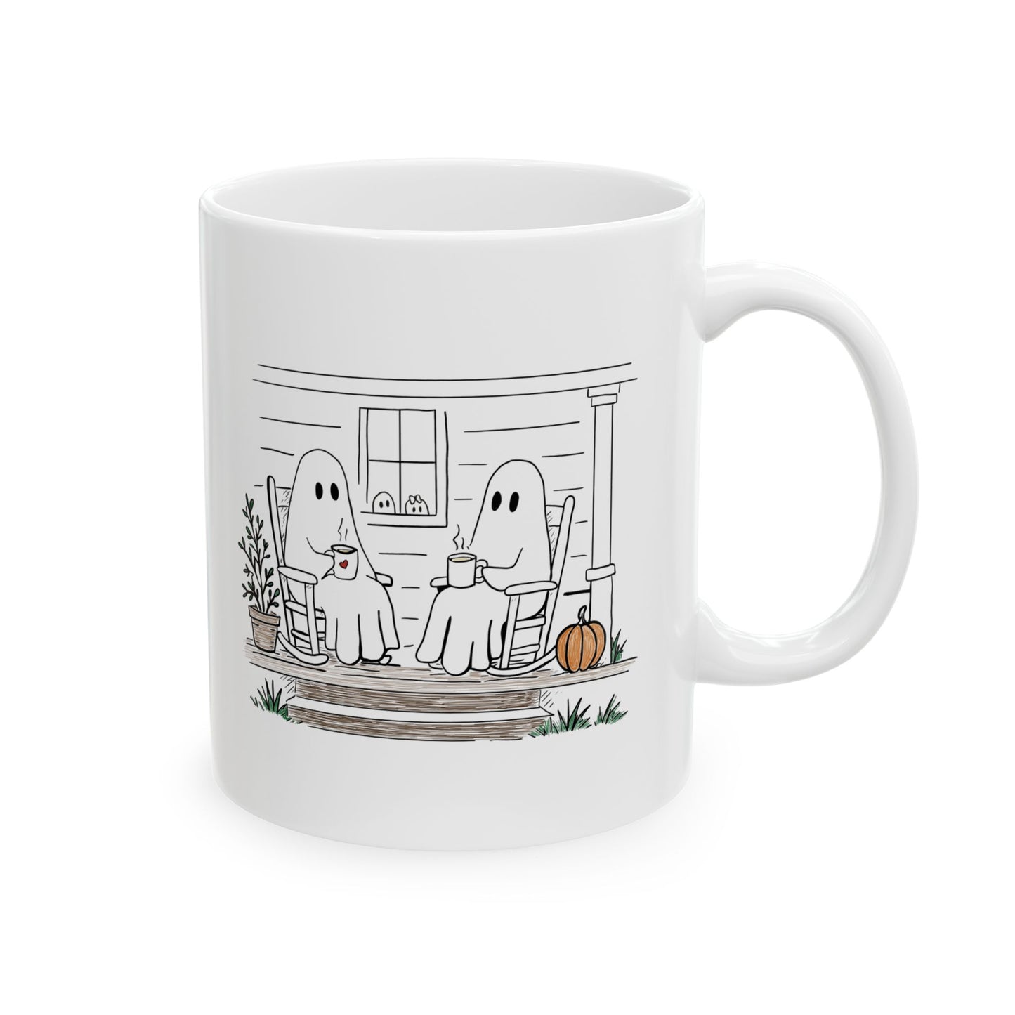 White ceramic mug featuring a hand-drawn ghost family sitting on a front porch in rocking chairs with coffee, with two little ghosts peeking through the window and subtle fall color accents.