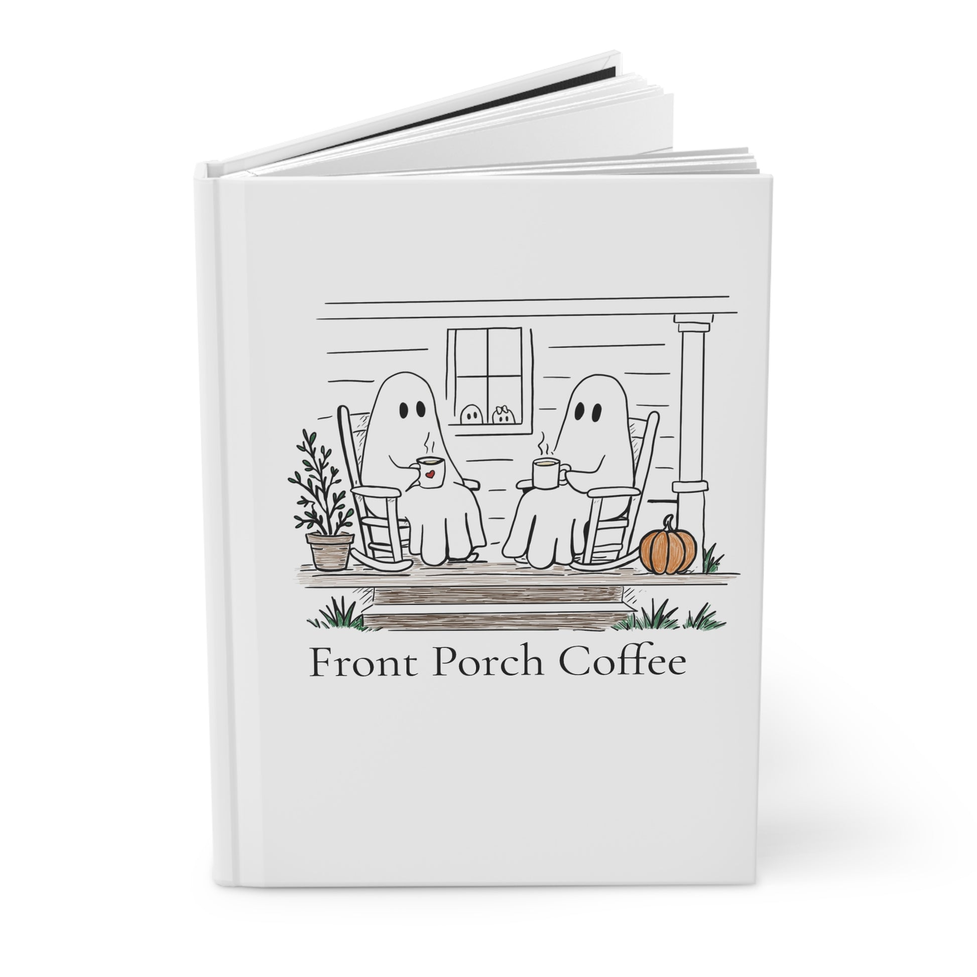 A white hardcover journal or notebook standing upright on a white background. The front cover features a black line drawing of two ghosts sitting on a front porch drinking coffee, with the text 'Front Porch Coffee' below the illustration.