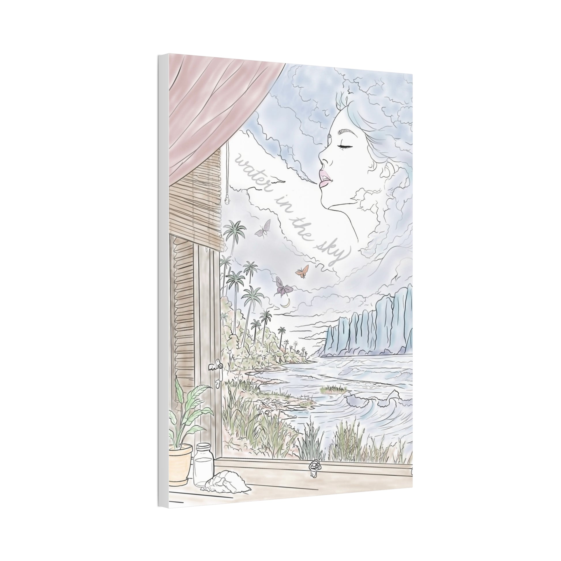 Water in the Sky vertical canvas featuring a pastel coastal landscape, tropical palms, ocean waves and a woman formed in the clouds.