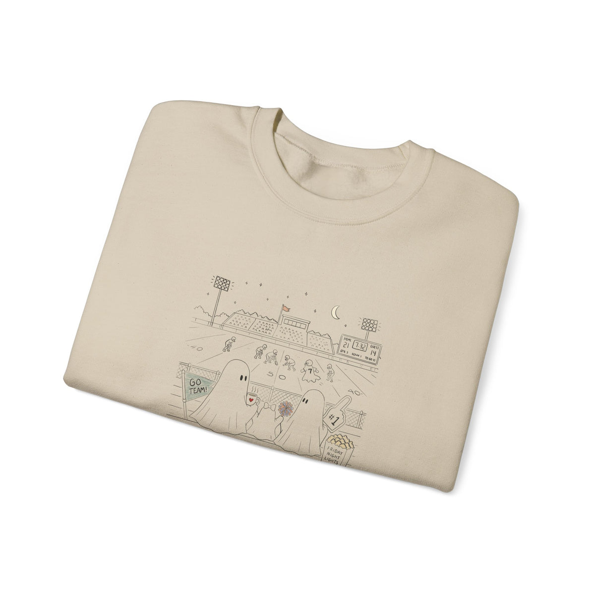 Cream crewneck sweatshirt featuring original cute ghost family football artwork from Friday Night Lights, Chapter 5 of The Story of the Ghost by Market Mafia Creations.
