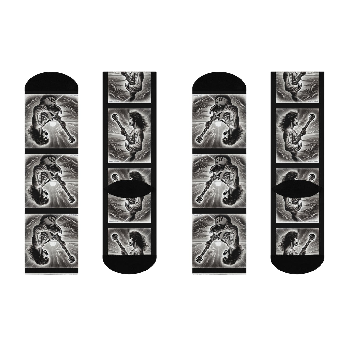 Zappa-inspired black and white pencil sketch art guitarist crew socks