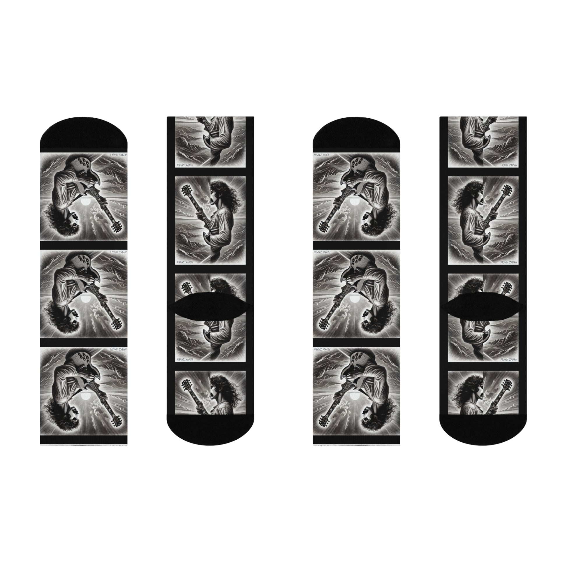Zappa-inspired black and white pencil sketch art guitarist crew socks