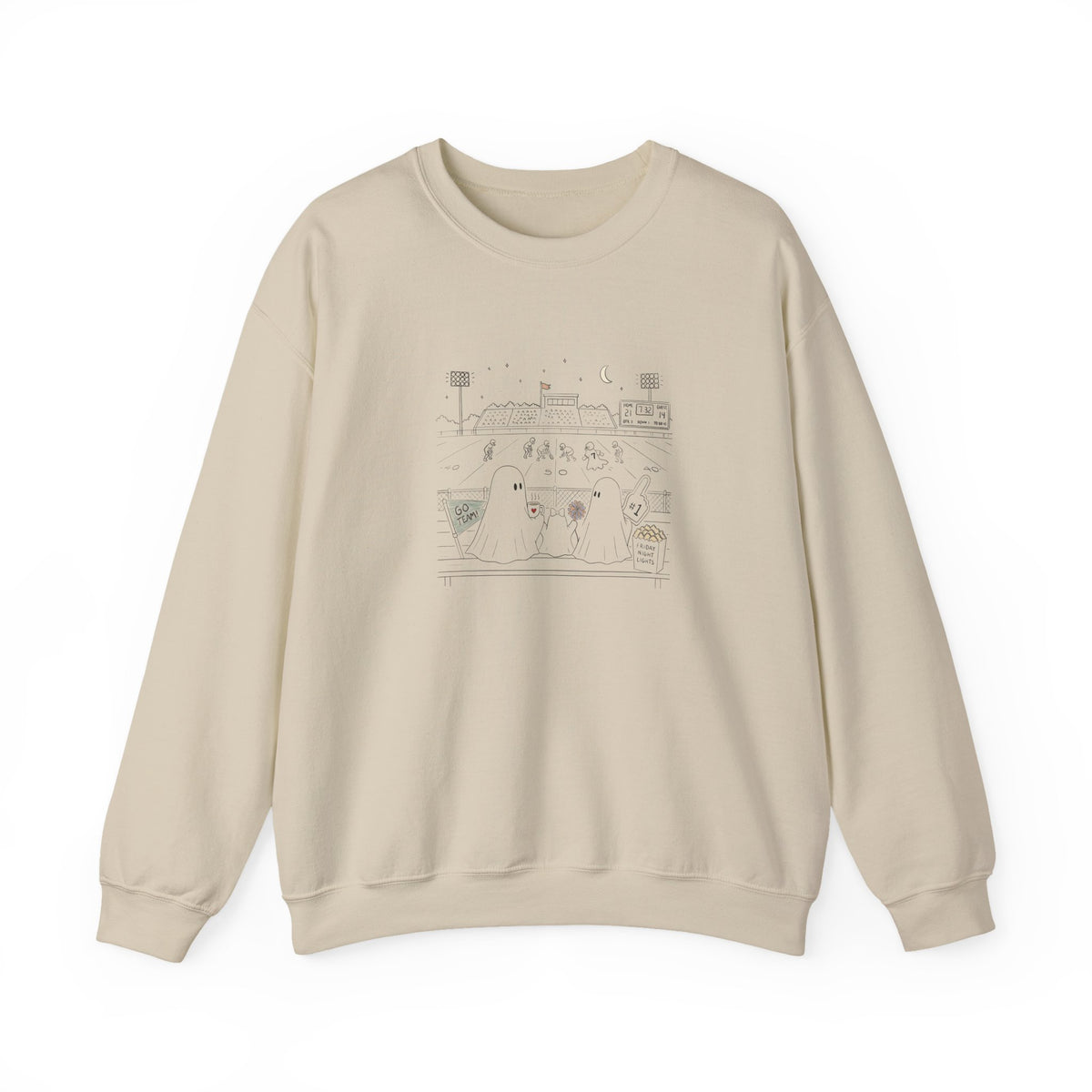 Cream crewneck sweatshirt featuring original cute ghost family football artwork from Friday Night Lights, Chapter 5 of The Story of the Ghost by Market Mafia Creations.
