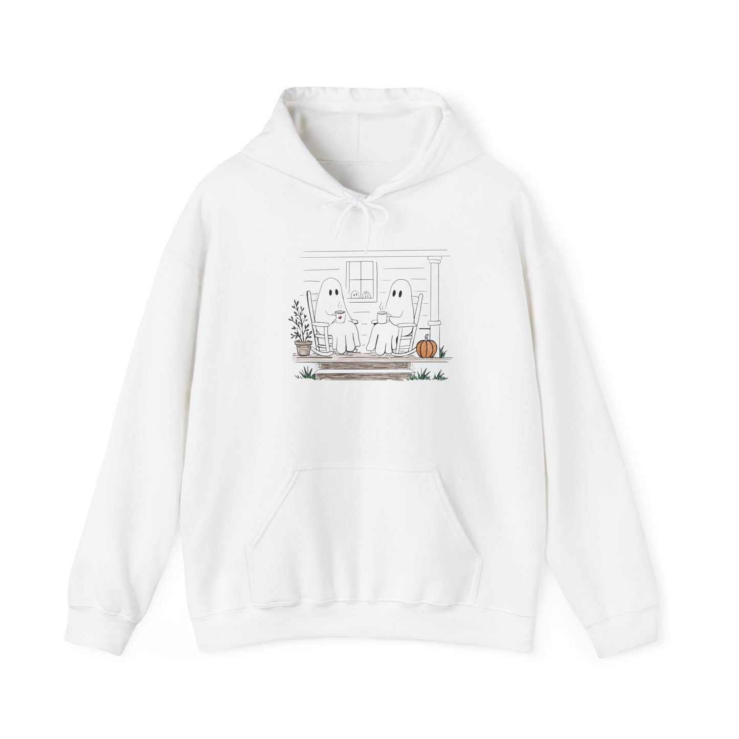 Pullover hoodie featuring a hand-drawn ghost family enjoying coffee in rocking chairs on a front porch, with two little ghosts peeking through the window, a pumpkin, and subtle fall color accents.
