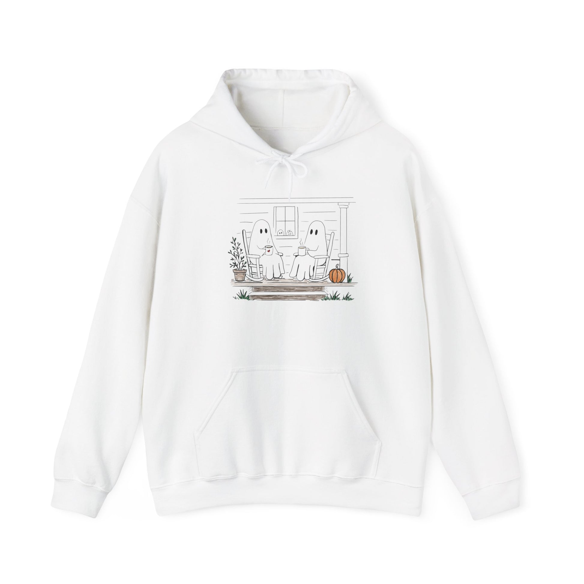 Pullover hoodie featuring a hand-drawn ghost family enjoying coffee in rocking chairs on a front porch, with two little ghosts peeking through the window, a pumpkin, and subtle fall color accents.