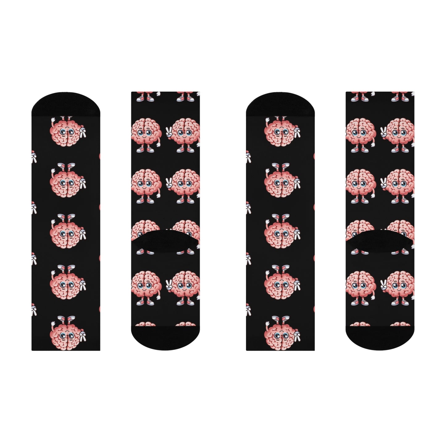 Black crew socks featuring cute pink cartoon brain characters with expressive faces and peace signs in a fun all-over pattern.