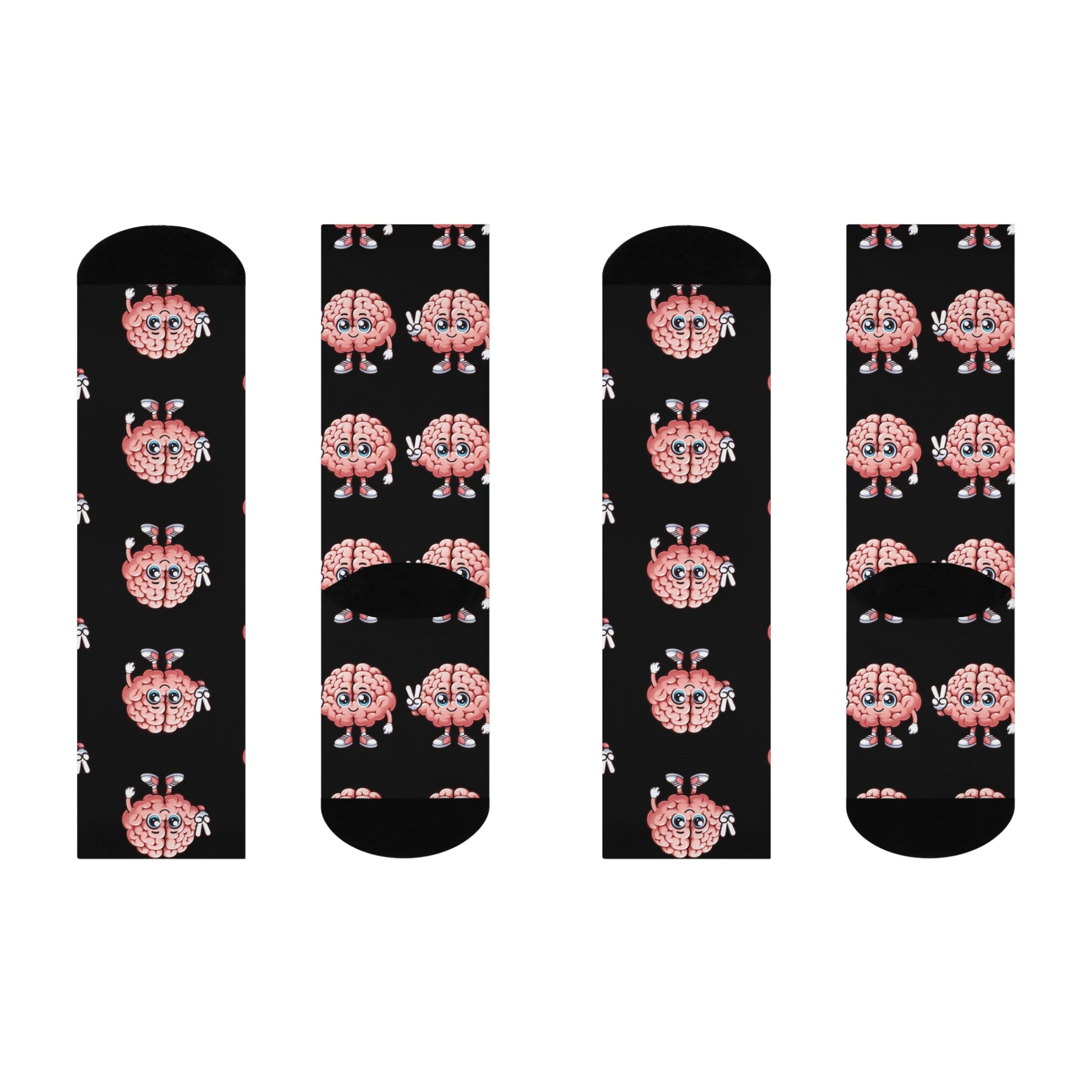 Black crew socks featuring cute pink cartoon brain characters with expressive faces and peace signs in a fun all-over pattern.