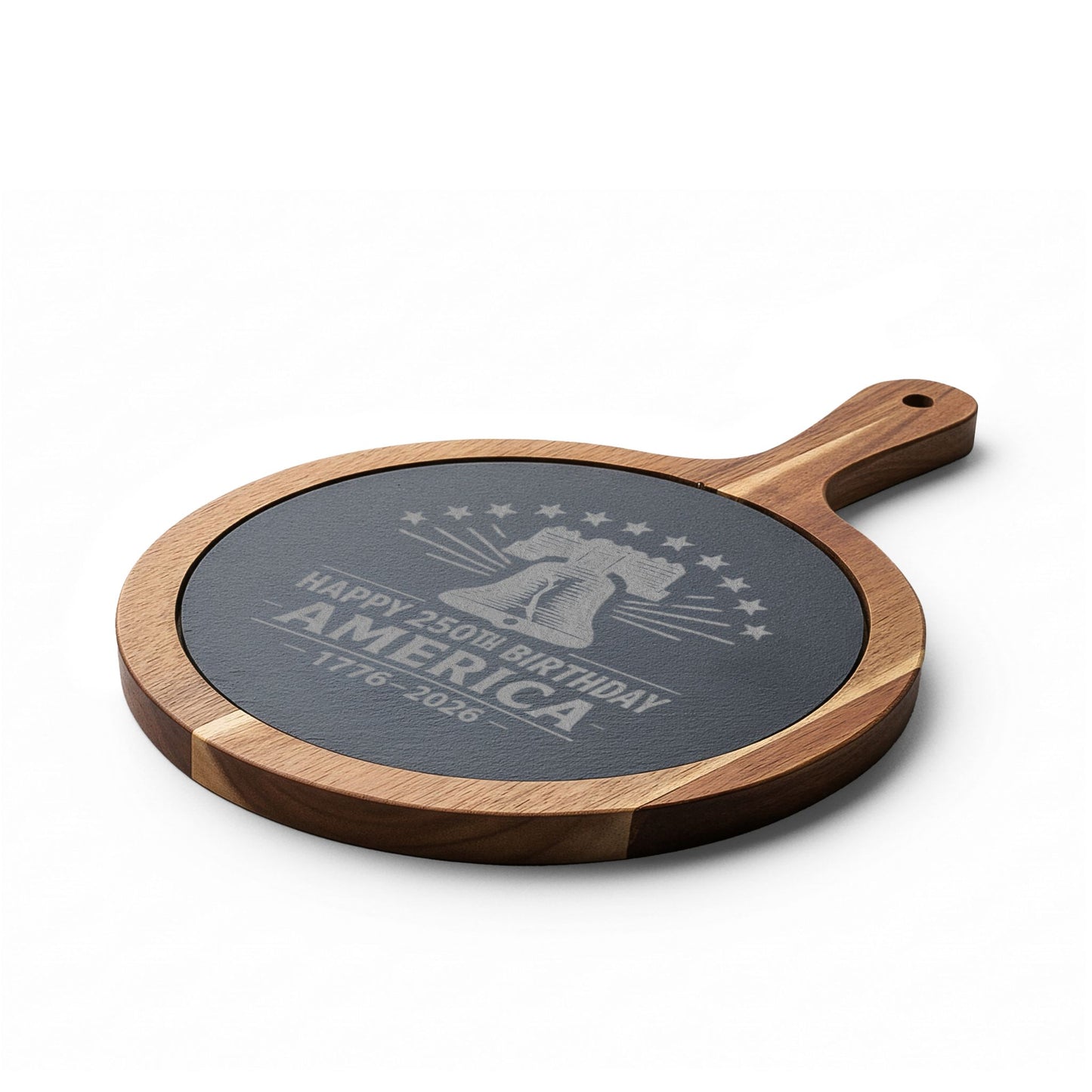 Round wooden cutting board with engraved text on a white background