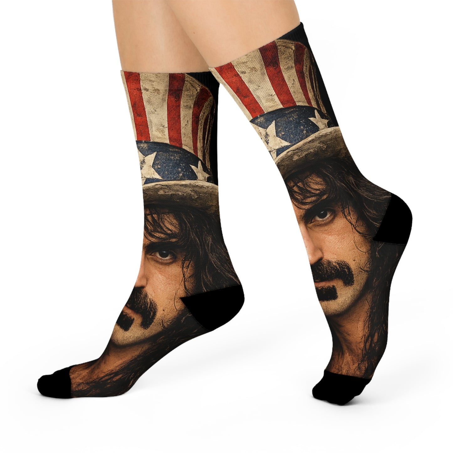 Socks with a graphic design of a face and American flag pattern on a white background