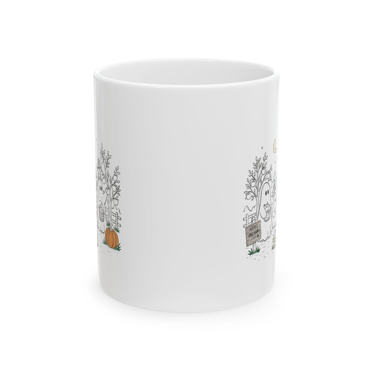 Coffee mug featuring a cute ghost family picking apples in an autumn orchard with baskets, pumpkin, trees and moon from The Story of the Ghost Chapter 4.