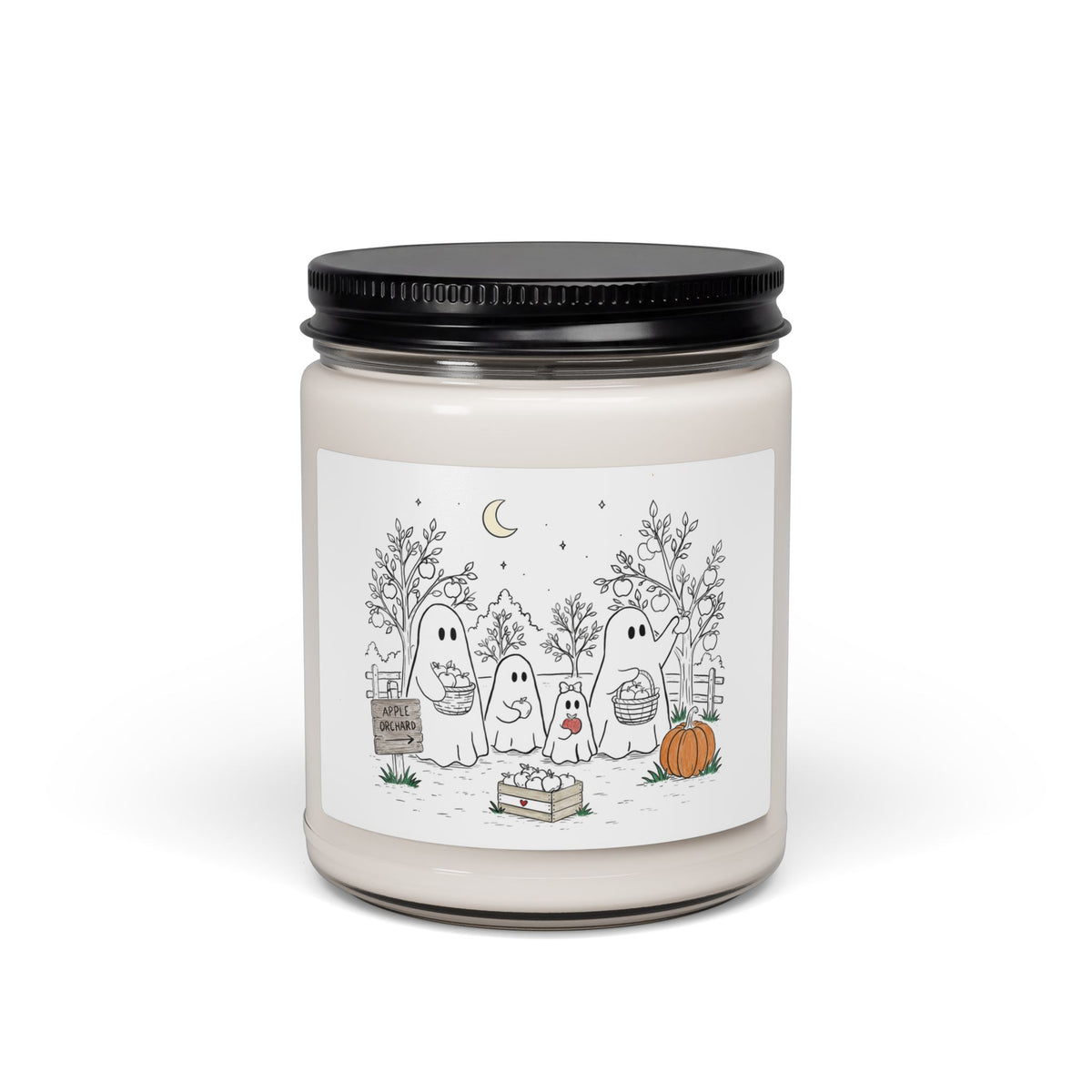 Apple Harvest soy candle featuring the ghost family picking apples in the Apple Orchard artwork from Chapter 4 of The Story of the Ghost.