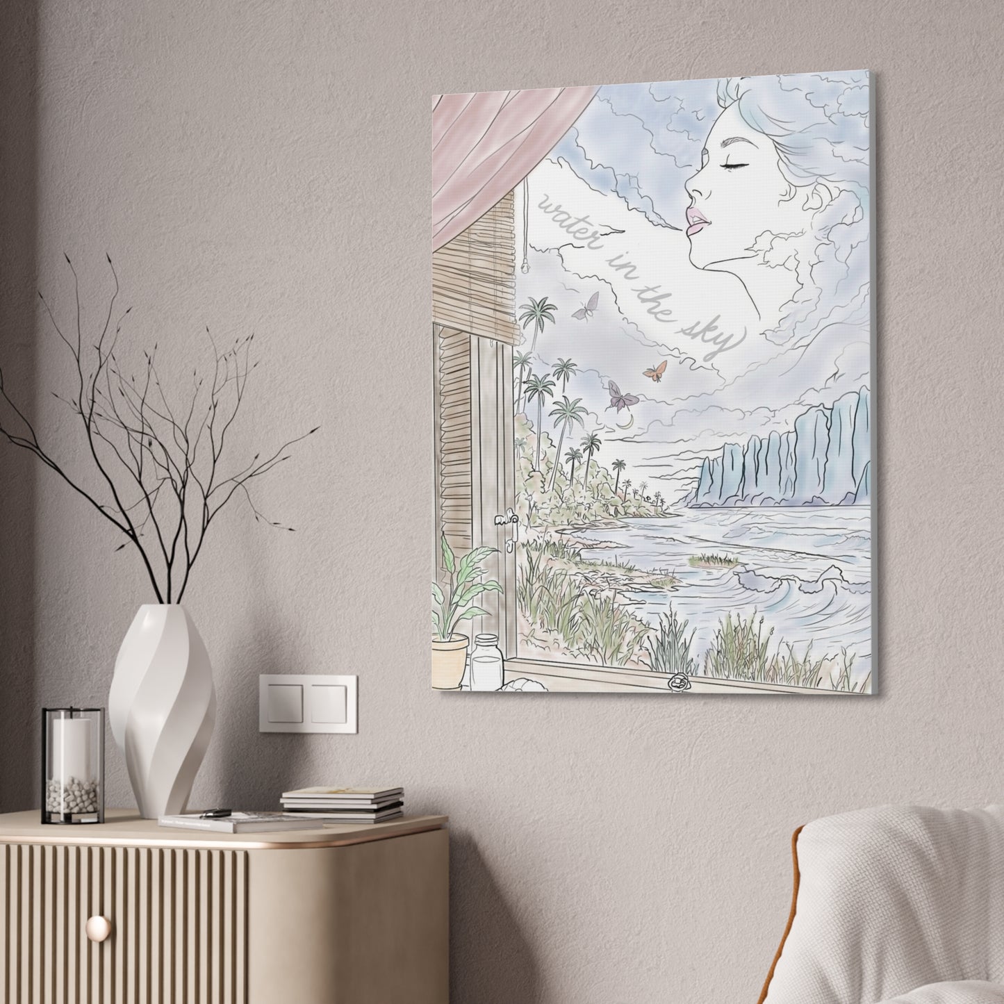 Water in the Sky vertical canvas featuring a pastel coastal landscape, tropical palms, ocean waves and a woman formed in the clouds.