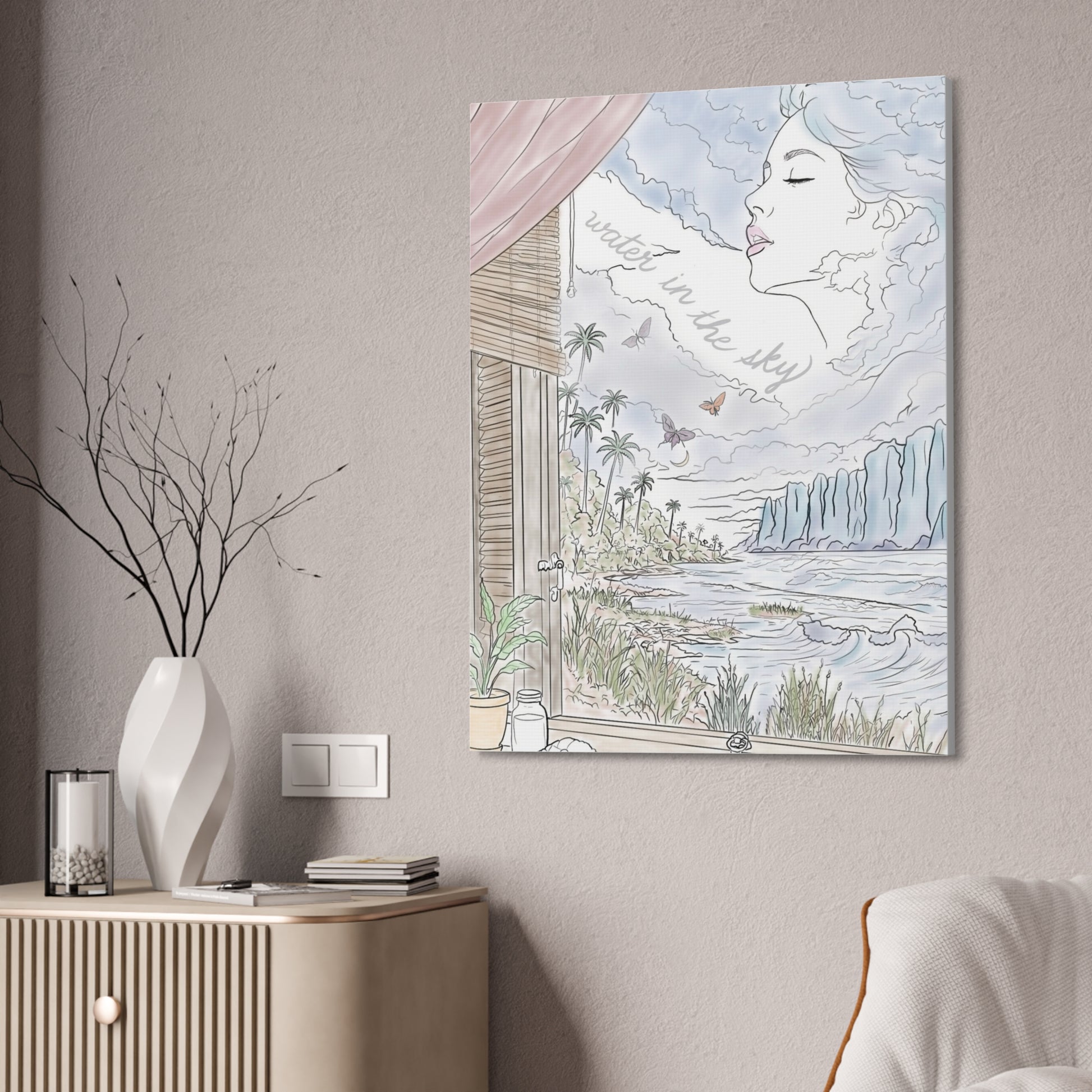 Water in the Sky vertical canvas featuring a pastel coastal landscape, tropical palms, ocean waves and a woman formed in the clouds.