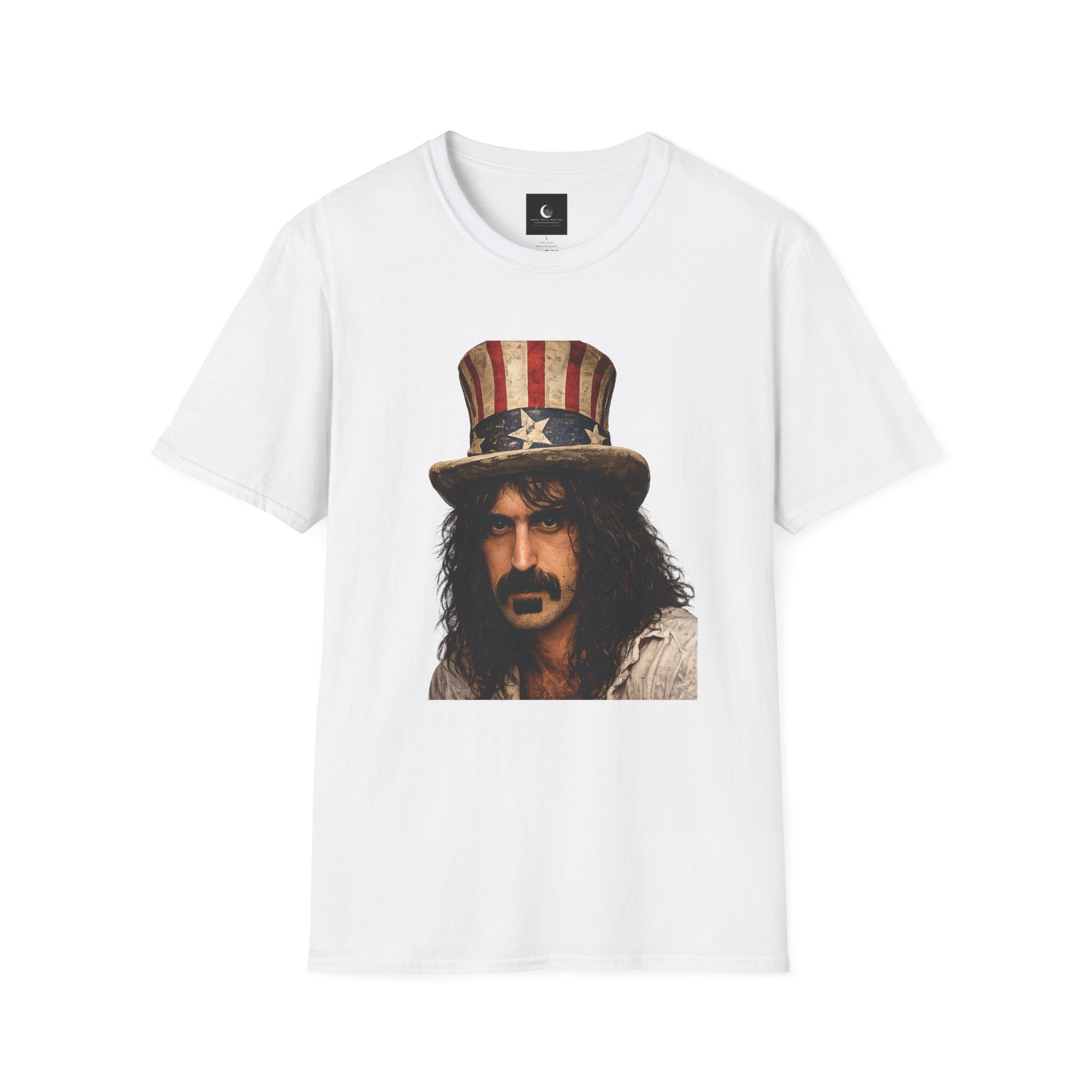 White t-shirt with a graphic of a person wearing an American flag hat on a white background