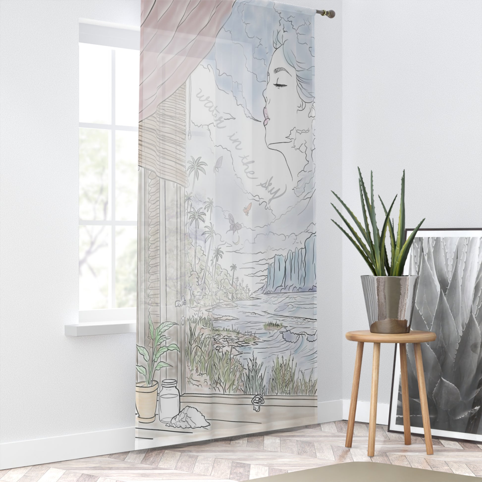 Water in the Sky sheer curtain panel with pastel ocean, cloud, palm tree, butterfly, and woman illustration.