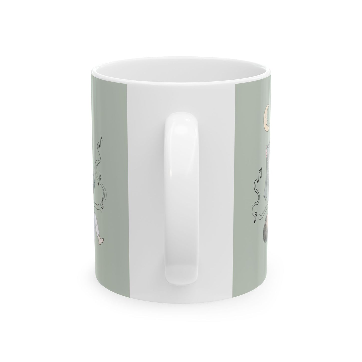 A white ceramic mug with a light sage green side panel featuring minimalist line art illustrations, shown against a plain white background.
