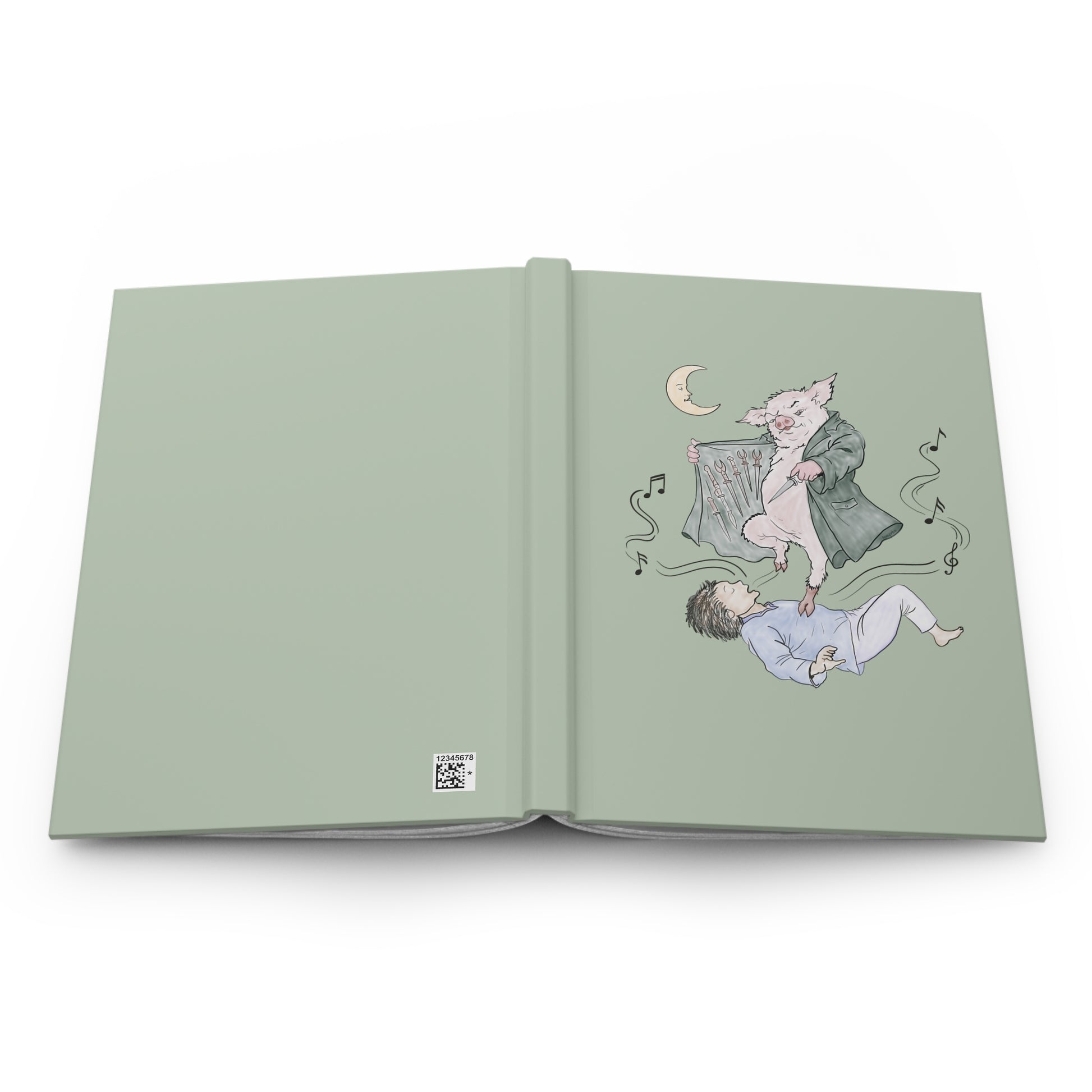 Hardcover journal featuring original hand-drawn Guyute-inspired artwork with a surreal pig, musical mist, moon, and muted storybook colors.