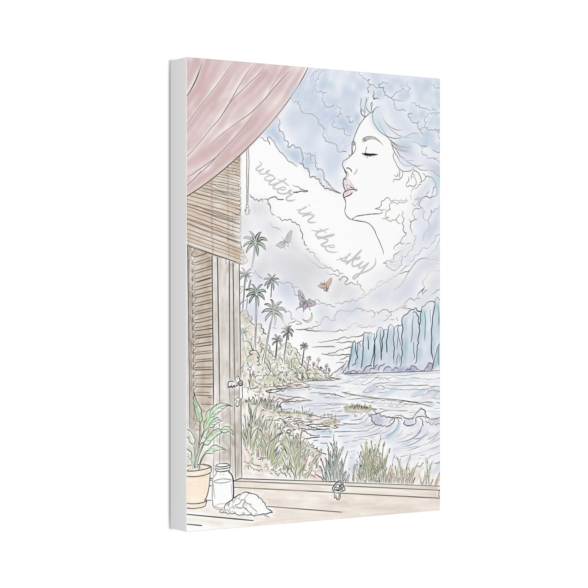 Water in the Sky vertical canvas featuring a pastel coastal landscape, tropical palms, ocean waves and a woman formed in the clouds.