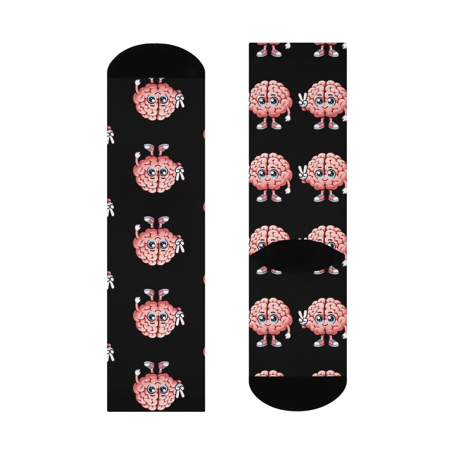 Black crew socks featuring cute pink cartoon brain characters with expressive faces and peace signs in a fun all-over pattern.