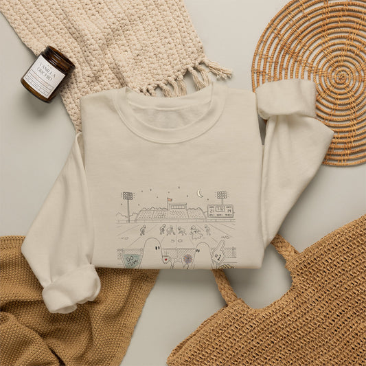 Cream crewneck sweatshirt featuring original cute ghost family football artwork from Friday Night Lights, Chapter 5 of The Story of the Ghost by Market Mafia Creations.