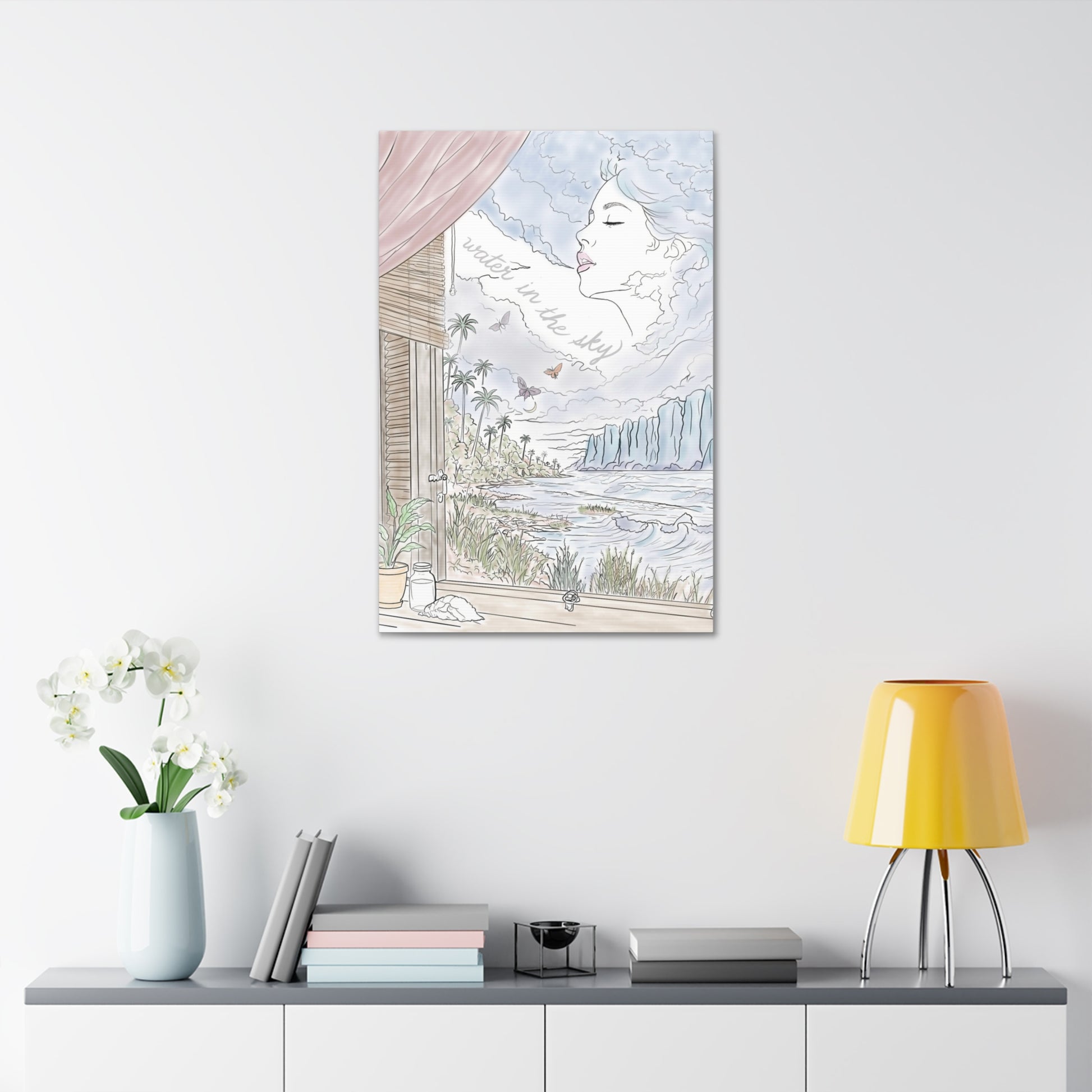 Water in the Sky vertical canvas featuring a pastel coastal landscape, tropical palms, ocean waves and a woman formed in the clouds.