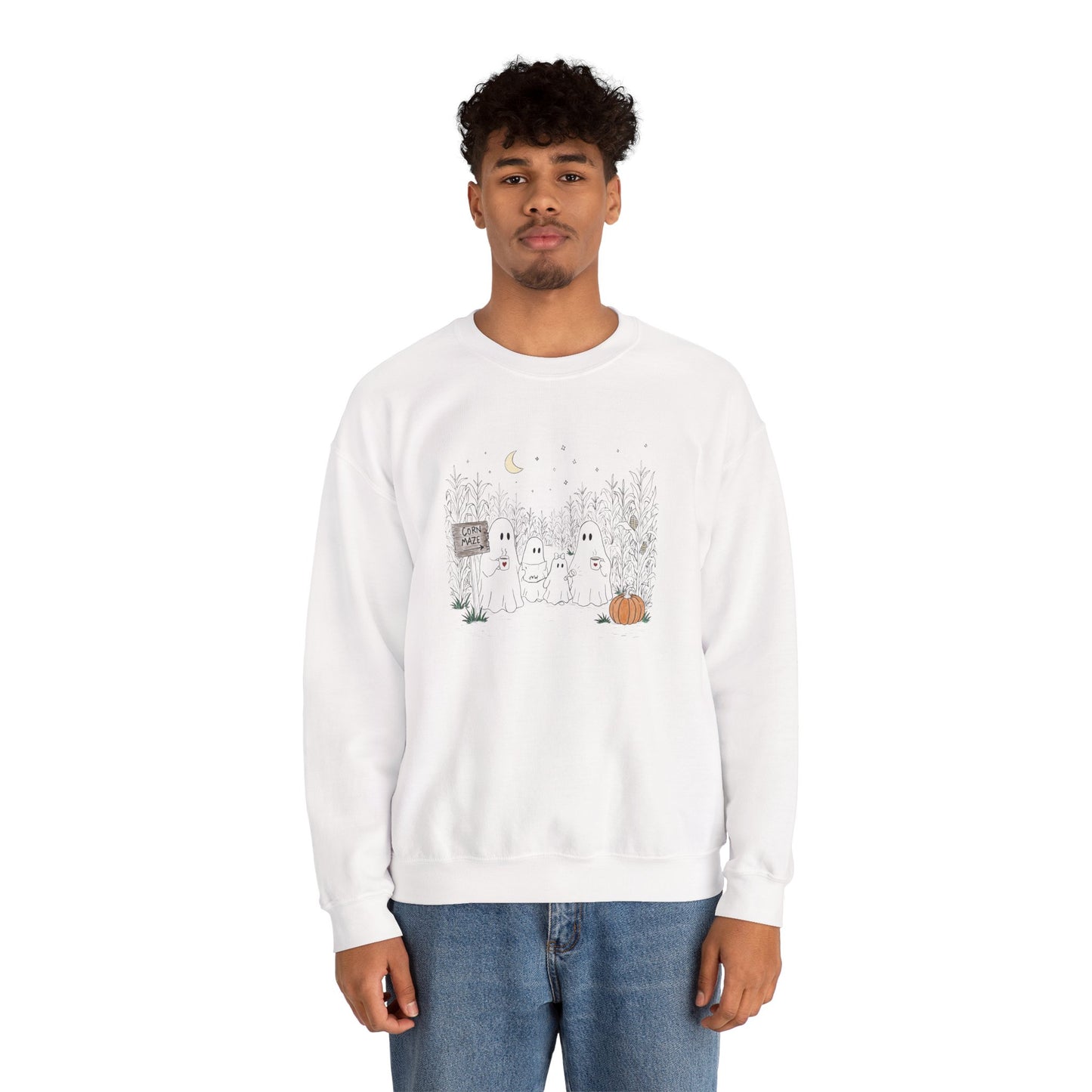 Crewneck sweatshirt featuring a hand-drawn ghost family walking through a moonlit corn maze with warm drinks, tall corn stalks, and a pumpkin from The Story of the Ghost Chapter 2 collection.