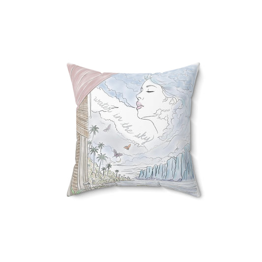 Water in the Sky decorative pillow featuring a woman in the clouds above tropical palms, ocean waves, butterflies and cliffs.
