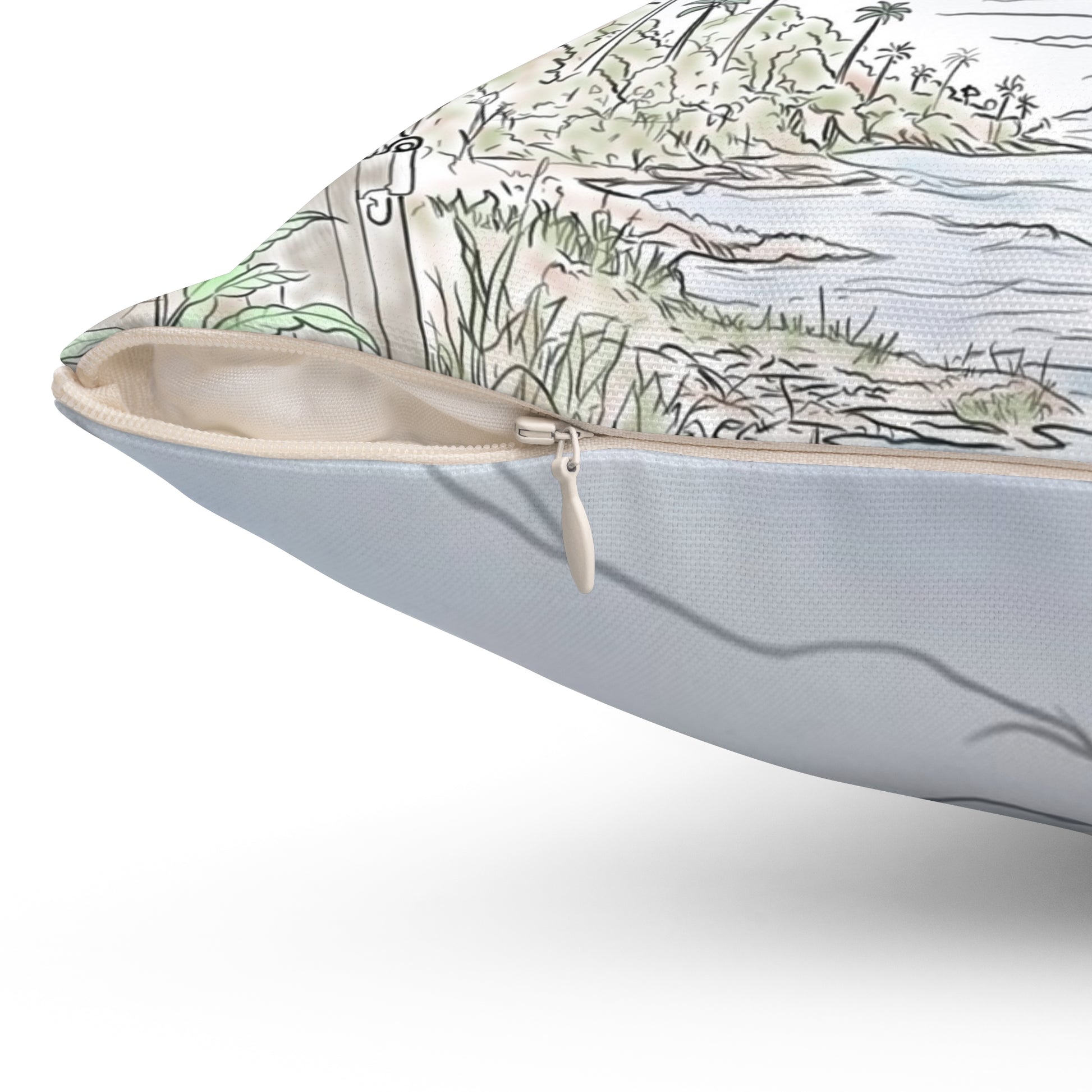 Close-up of the concealed beige zipper and polyester fabric on the Water in the Sky pillow cover.