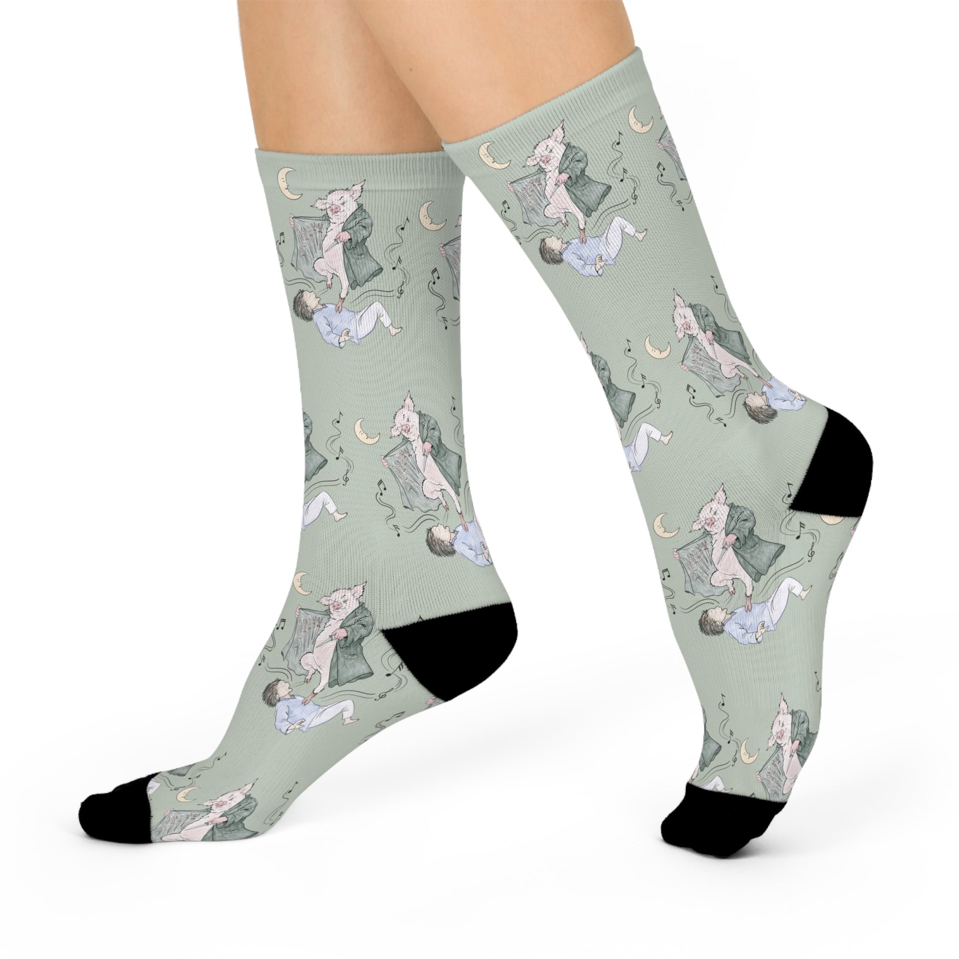 Pair of Guyute-inspired socks featuring original hand-drawn artwork with a surreal pig, moon, musical mist, and muted storybook colors.