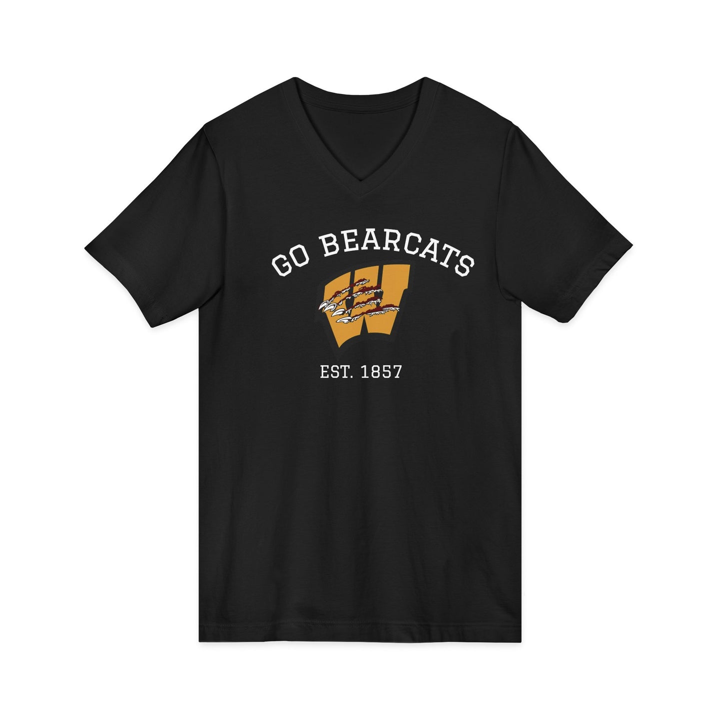 Black t-shirt with 'Go Bearcats' and bearcat logo on a white background