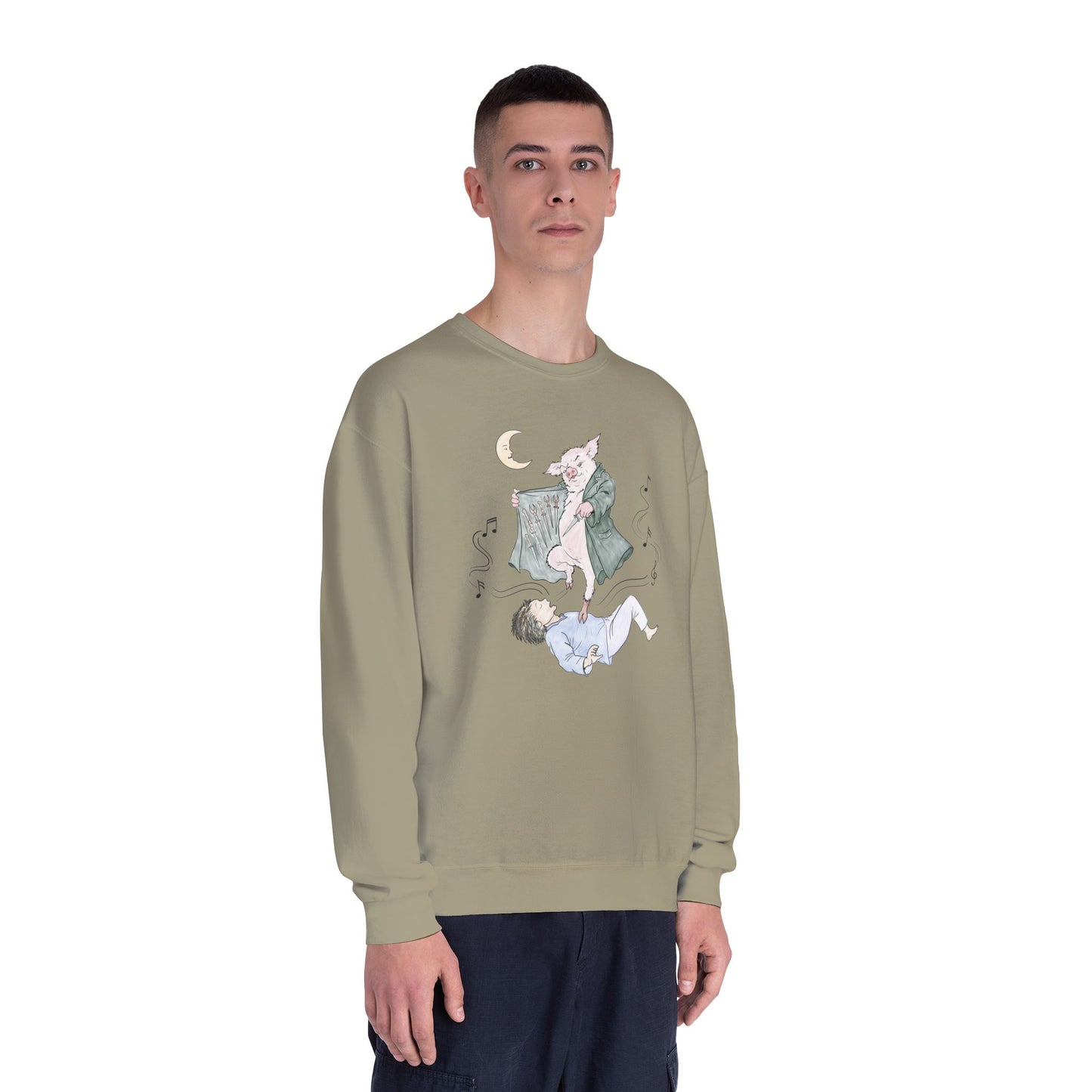 Crewneck sweatshirt featuring original hand-drawn Guyute-inspired artwork with a surreal pig, moon, musical mist, and muted storybook colors.
